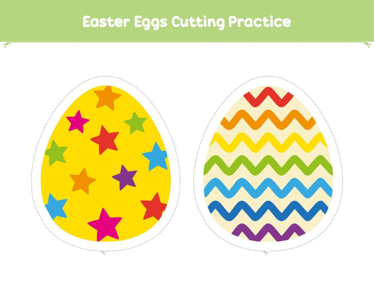 Ostern Eier Schneiden trainieren Aktivität zum Vorschule und Kindergarten Kinder. lehrreich Spiel zum Kinder. Schere Kompetenzen vektor