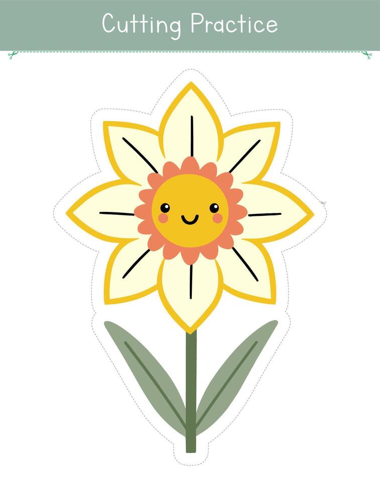 Schneiden trainieren Aktivität mit süß Blume. Frühling Arbeitsblatt zum Kinder. lehrreich Spiel zum Vorschule und Kindergarten Kinder vektor