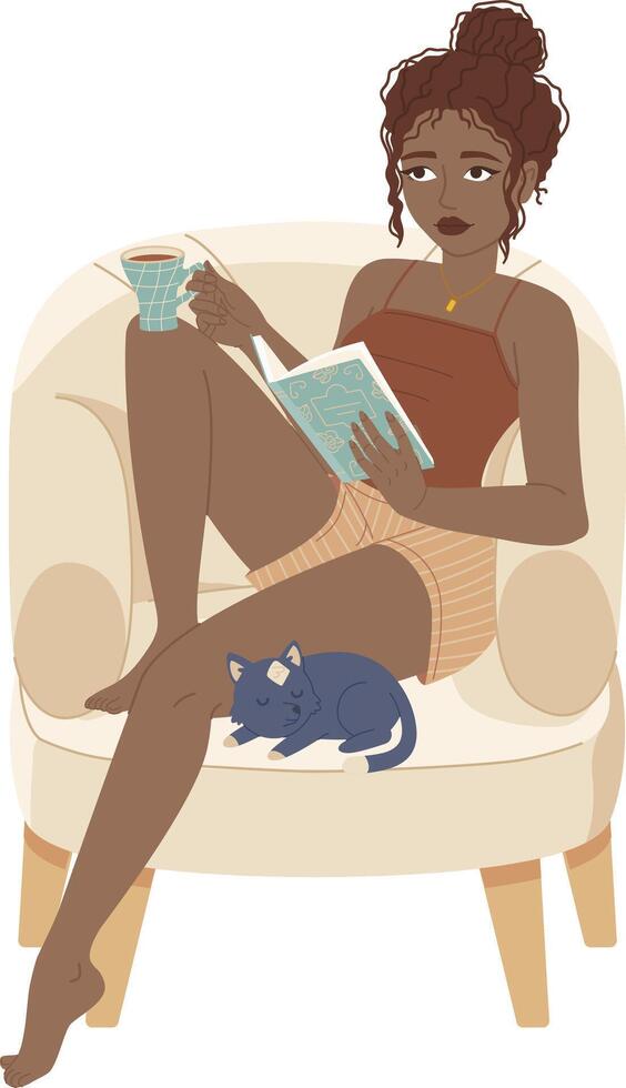 svart flicka med katt läsning en bok på en bekväm fåtölj. mysigt Hem fritid, bok mask, själv utbildning begrepp. vektor