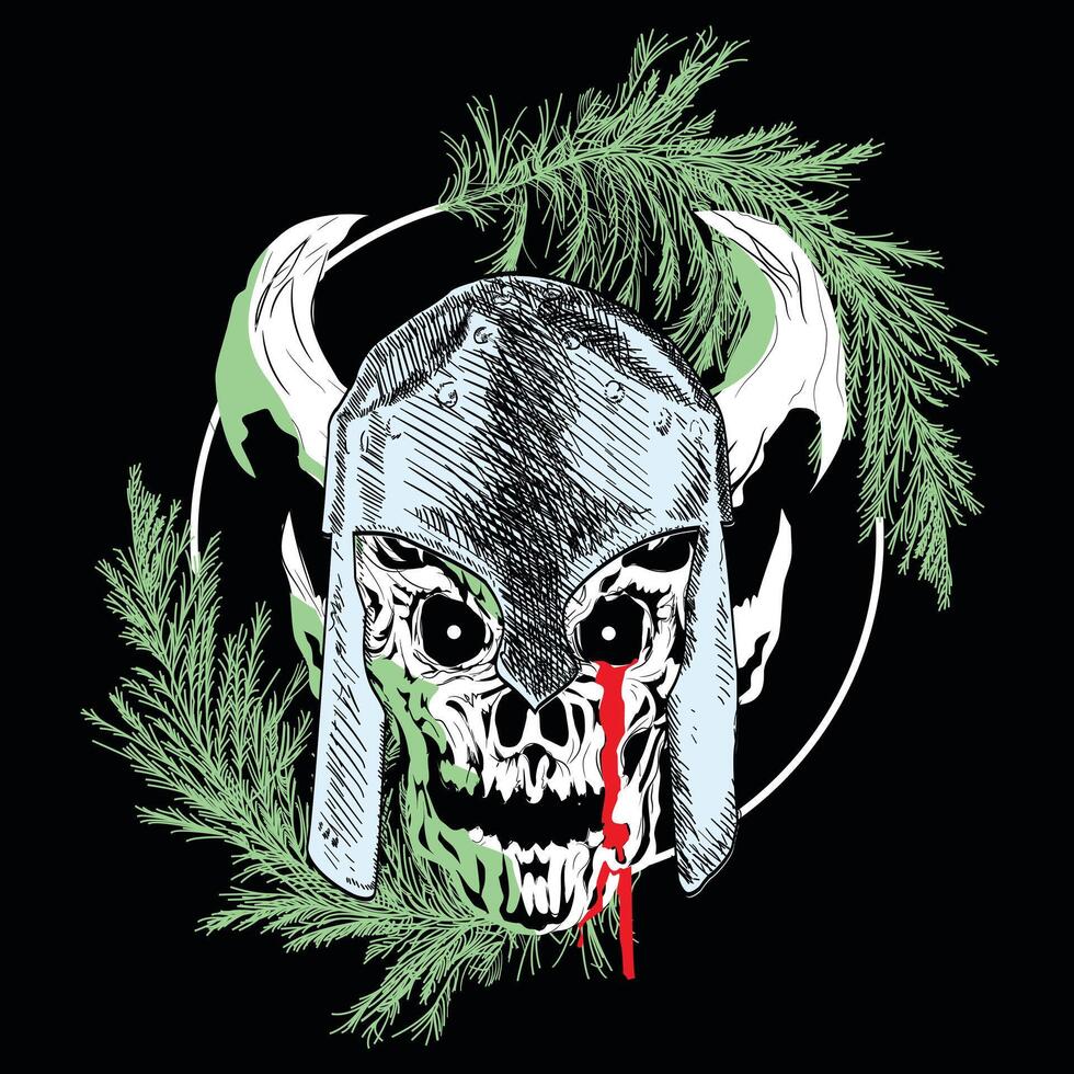 t-shirt design av en skalle med hjälm och horn på en cirkel av mistel på en svart bakgrund. satanisk jul. vektor