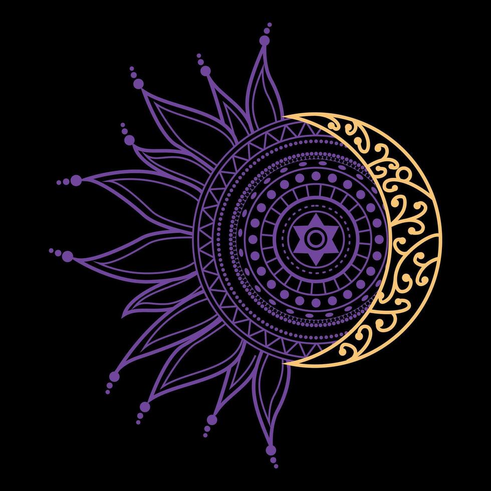 Sonne und Mond T-Shirt Design mit Hindu Stil. violett Mandala. vektor