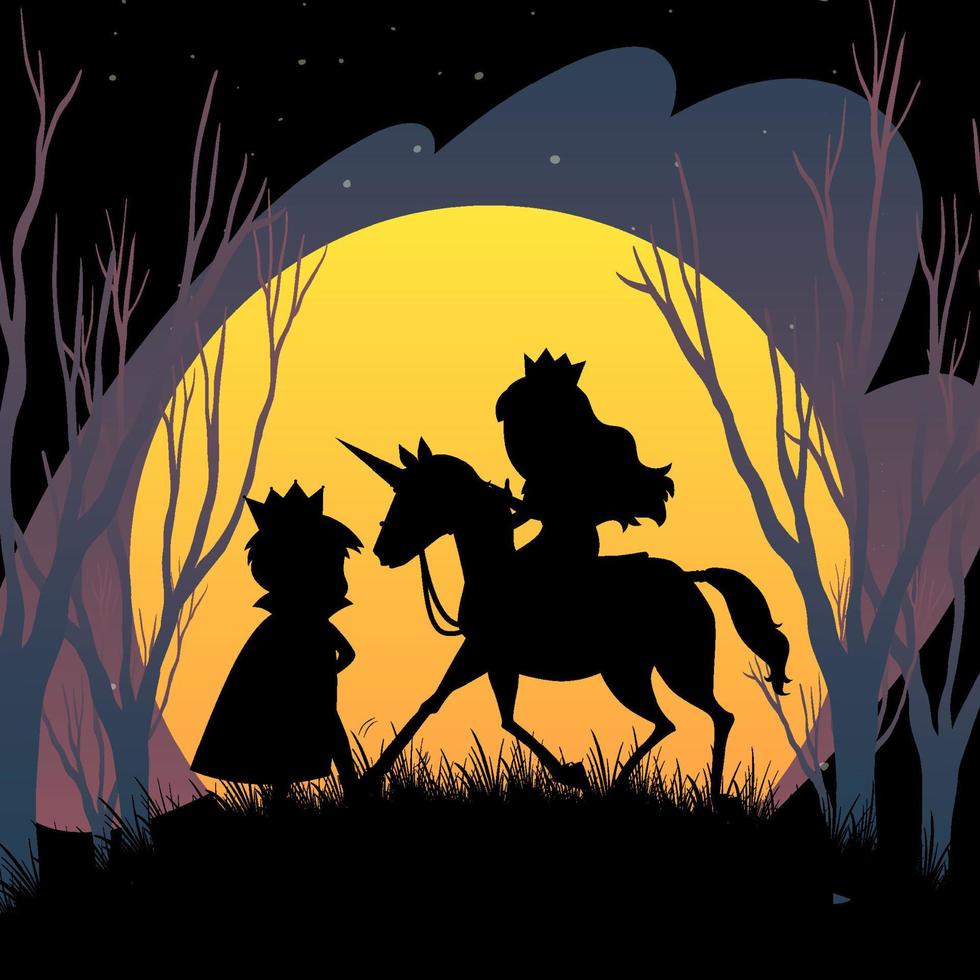 Halloween-Nachthintergrund mit Prinz- und Prinzessinschattenbild vektor