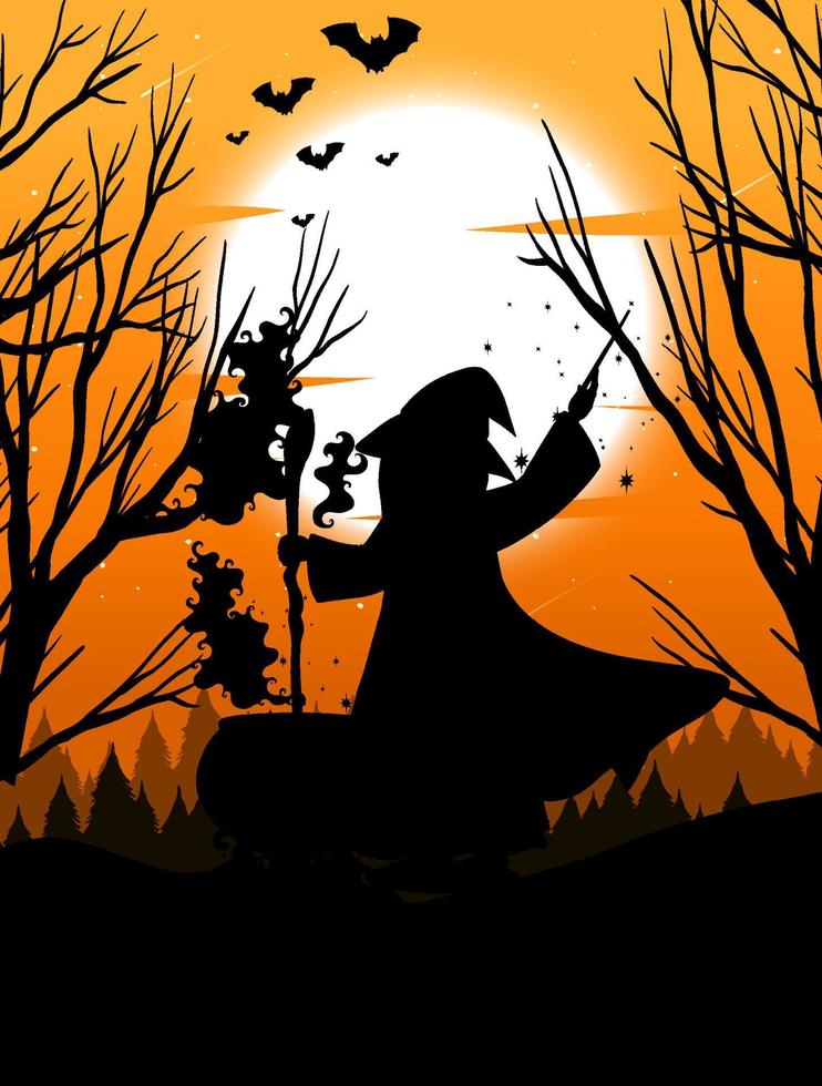 Halloween-Nachthintergrund mit Hexensilhouette vektor