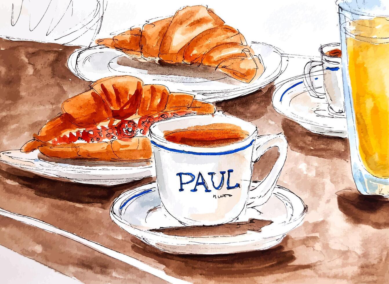 skizzieren Frühstück mit Croissant und Kaffee auf das Tabelle im das berühmt Cafe Reise Skizzenbuch Hand gezeichnet Aquarell vektor