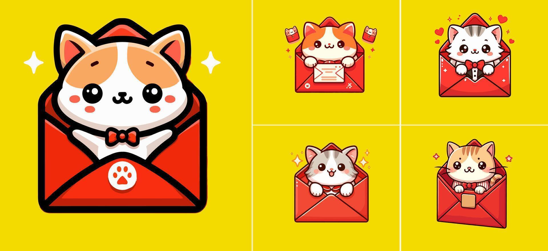 Logo einstellen von Chibi Katze isoliert auf ein Gelb Glücklich Briefumschlag Hintergrund vektor