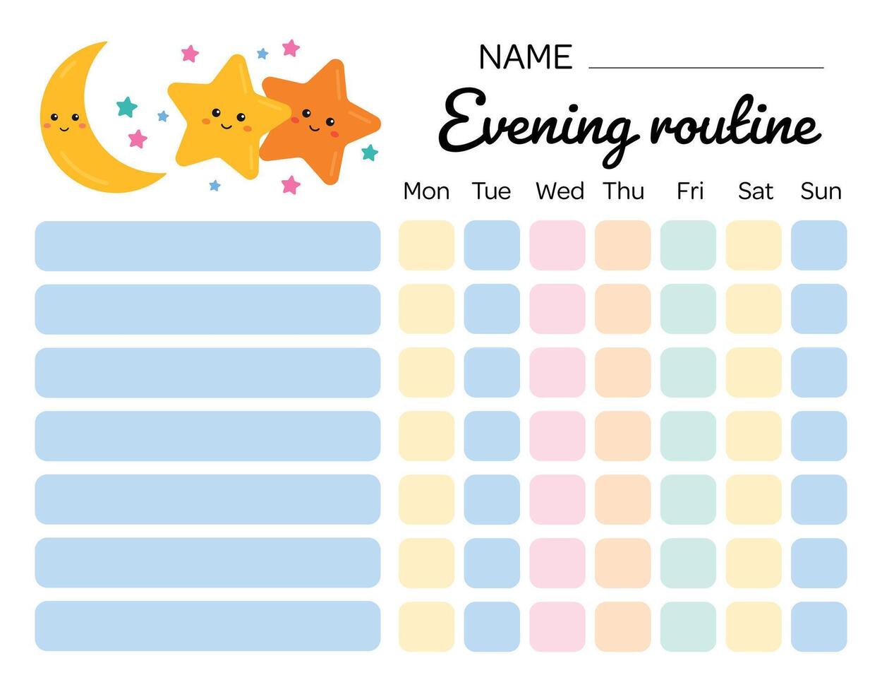 Abend Routine lästig zum Kinder. meine Aufgaben und Verantwortlichkeiten. Täglich Routine Tracker zum Kinder. Täglich Regime. meine lästig Diagramm. Abend Checkliste zum Kinder, Disziplin, Motivation. vektor