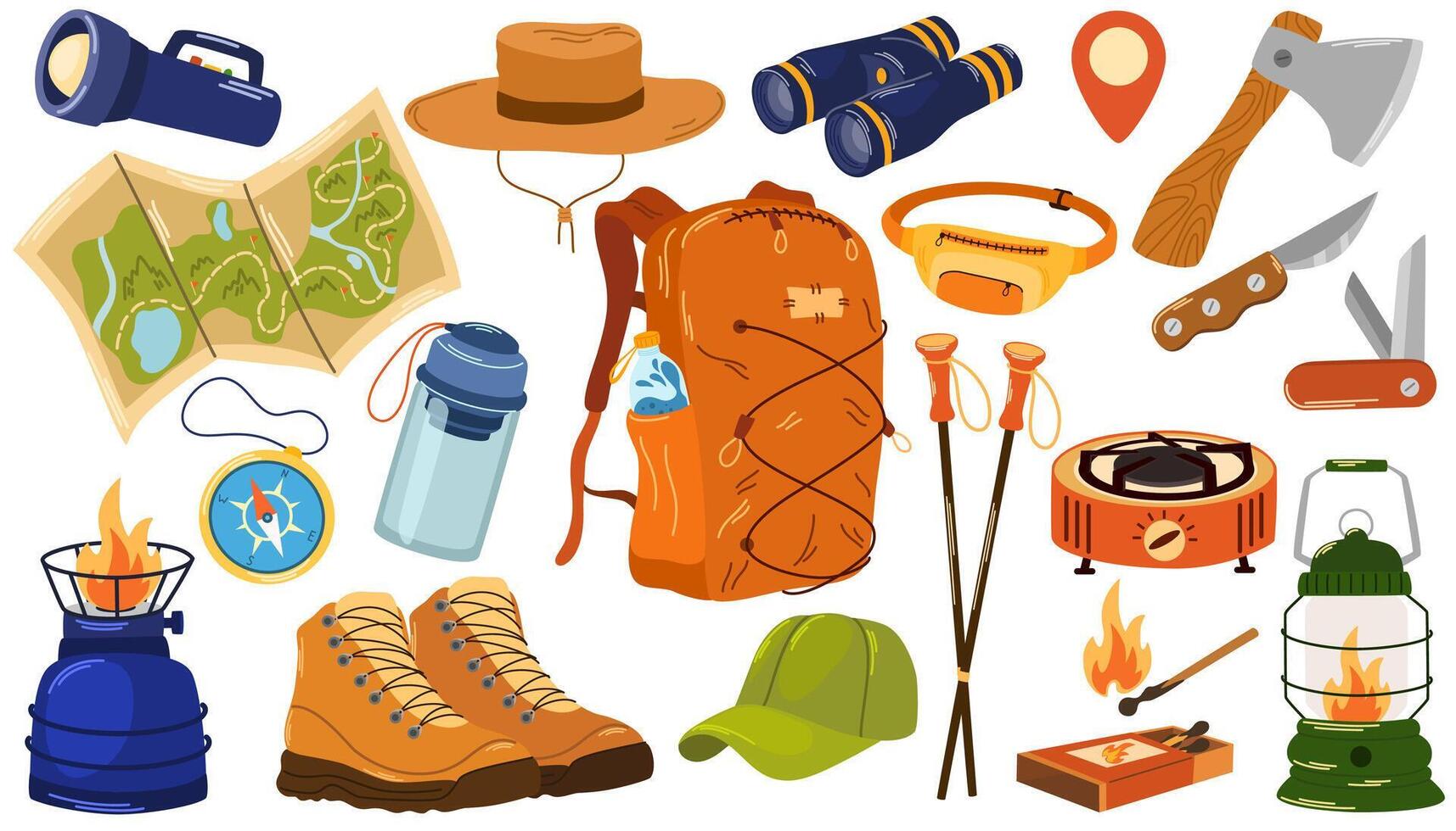 camping, vandring objekt uppsättning. turism och äventyr Tillbehör. sommar resa och picknick grejer. Semester ryggsäck, lägereld, vandring skor, lyktor, brännare, yxa, Karta, knivar. vektor illustration