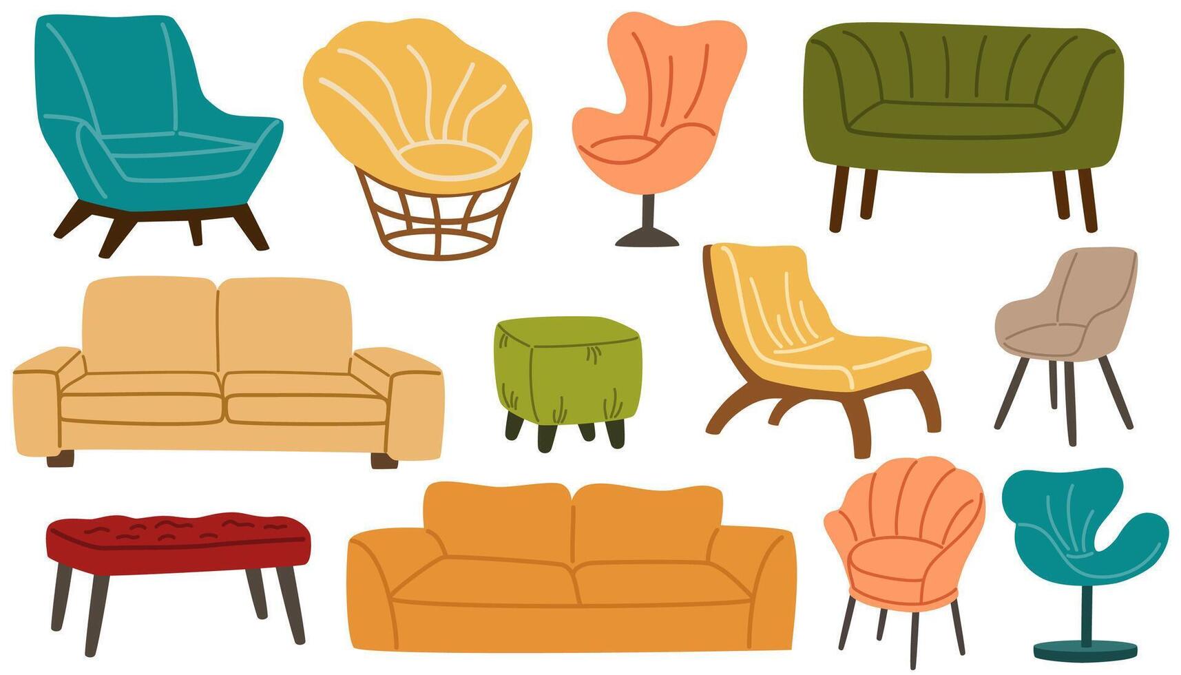 Sessel und Couch Satz. modisch komfortabel Stühle. Möbel zum Zuhause und Leben Zimmer. Sanft Möbel, Luxus Sofa. Hand gezeichnet Vektor Gekritzel Elemente