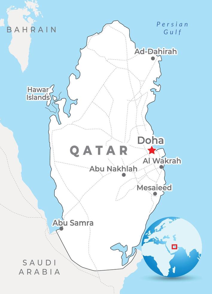 Katar Karte mit Hauptstadt Doha, die meisten wichtig Städte und National Grenzen vektor