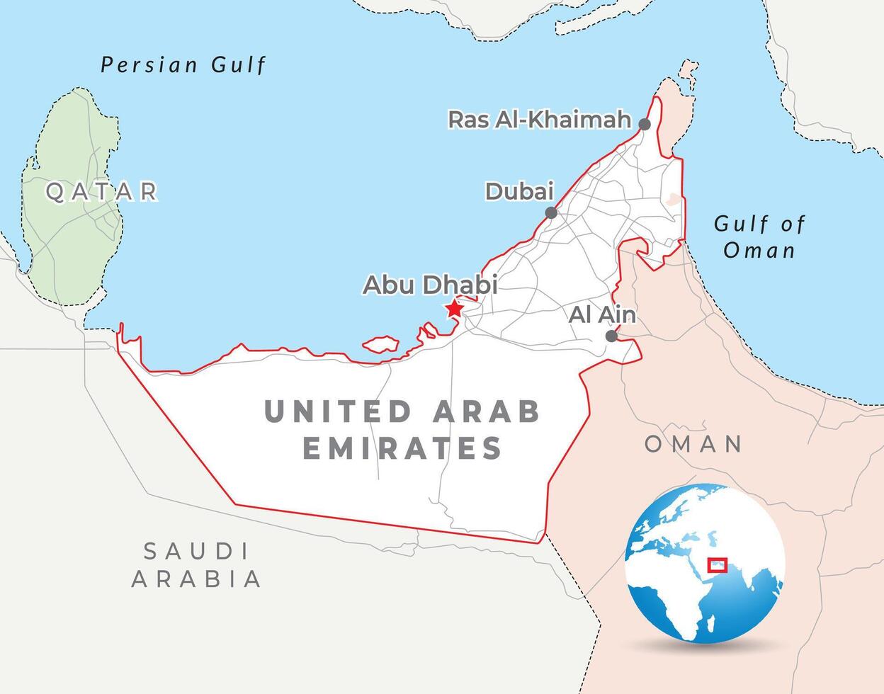 vereinigt arabisch Emirate Karte mit Hauptstadt abu dhabi, die meisten wichtig Städte und National Grenzen vektor