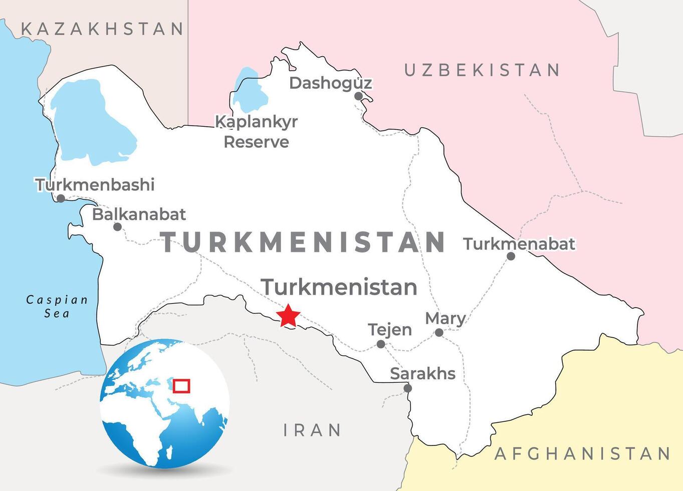 turkmenistan Karta med huvudstad Ashgabat, mest Viktig städer och nationell gränser vektor