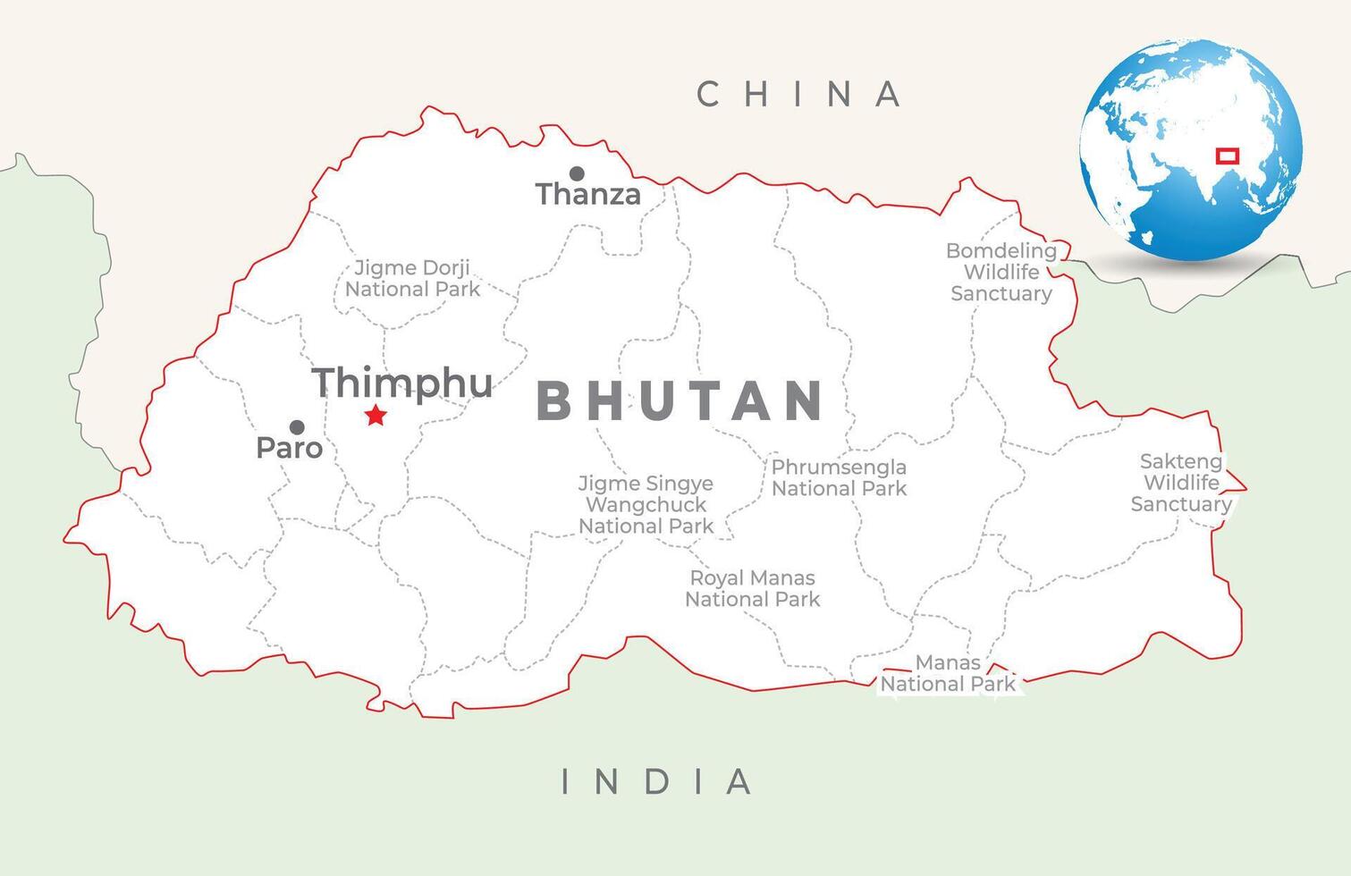 Bhutan Karte mit Hauptstadt Thimphu, die meisten wichtig Städte und National Grenzen vektor