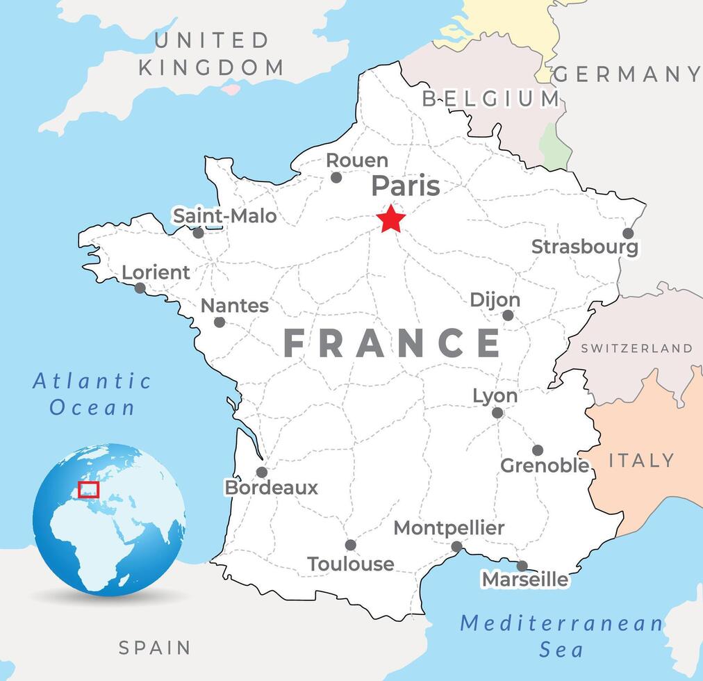 Frankreich Karte mit Hauptstadt Paris, die meisten wichtig Städte und National Grenzen vektor