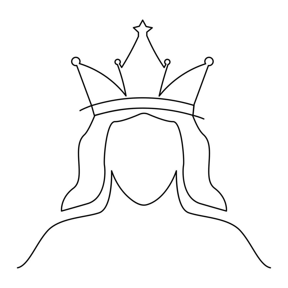 das Gesicht von Frau tragen ein Krone kontinuierlich Linie Zeichnung.jeder Frau wie ein Königin Vektor isoliert Illustration.
