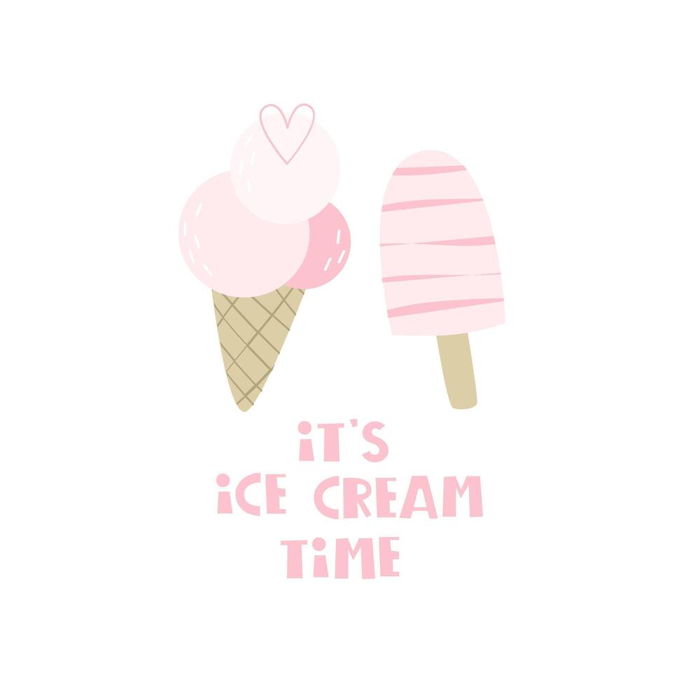 Eis Sahne Zeit. Karikatur Eis Creme, Hand Zeichnung Beschriftung. Sommer- bunt Vektor Illustration, eben Stil. Design zum Karten, drucken, Poster, Logo, Startseite