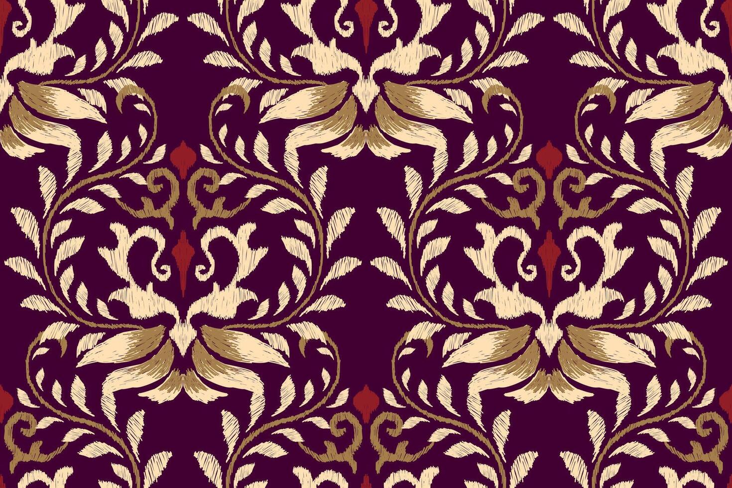 barock ikat blommig sömlös mönster på lila bakgrund.ikat etnisk orientalisk broderi vektor illustration.aztec stil, hand ritade, snörning.design för textur, tyg, kläder, dekoration, yta skriva ut.