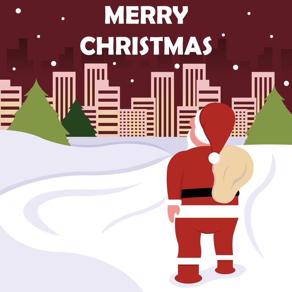 Illustration Vektor Grafik von Santa claus ist Gehen gegenüber Stadt, perfekt zum International Tag, Weihnachten, zelebrieren, Gruß Karte, usw.