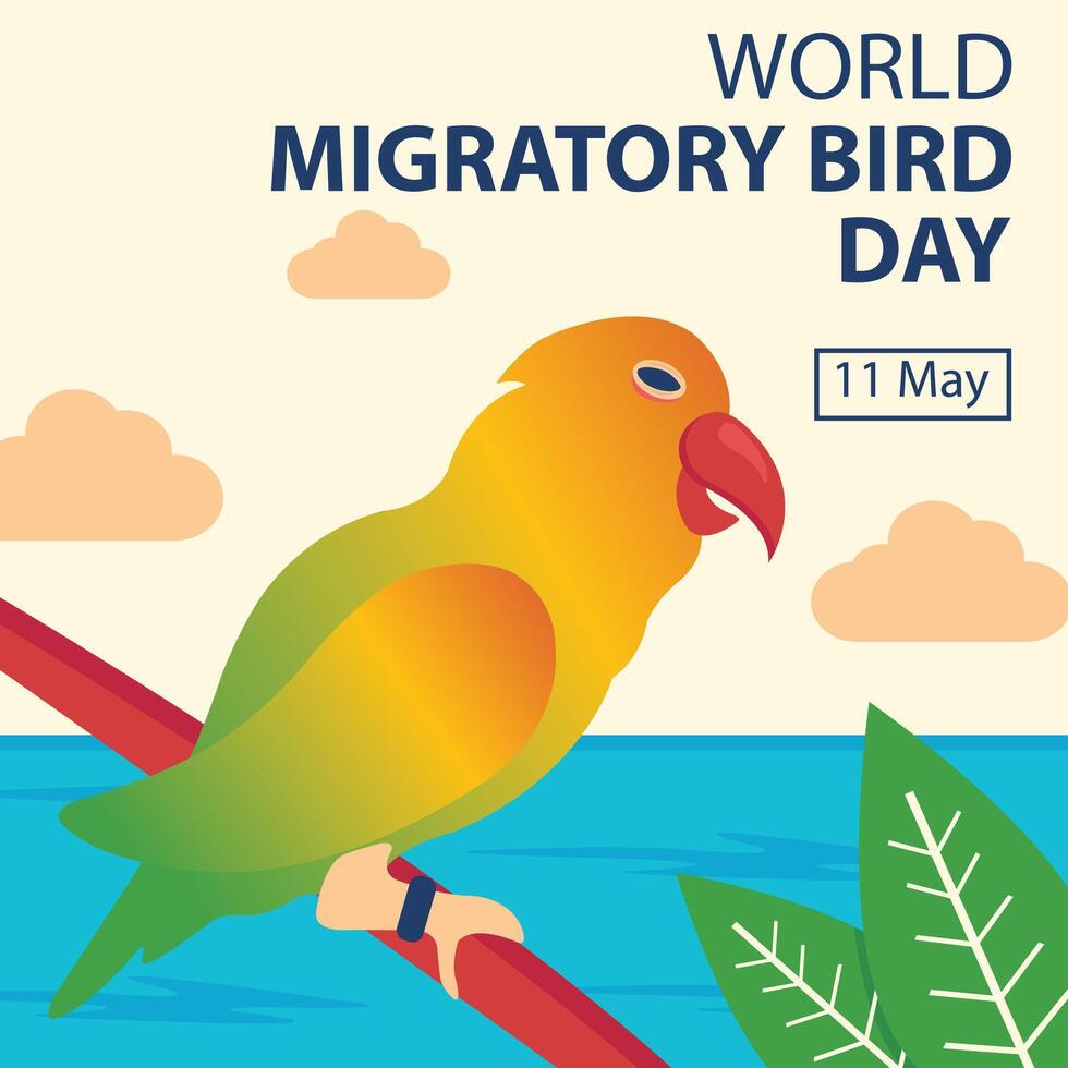 Illustration Vektor Grafik von Vögel thront auf Baum Geäst, mit ein Blau Meer Hintergrund, perfekt zum International Tag, Welt wandernd Vogel Tag, zelebrieren, Gruß Karte, usw.