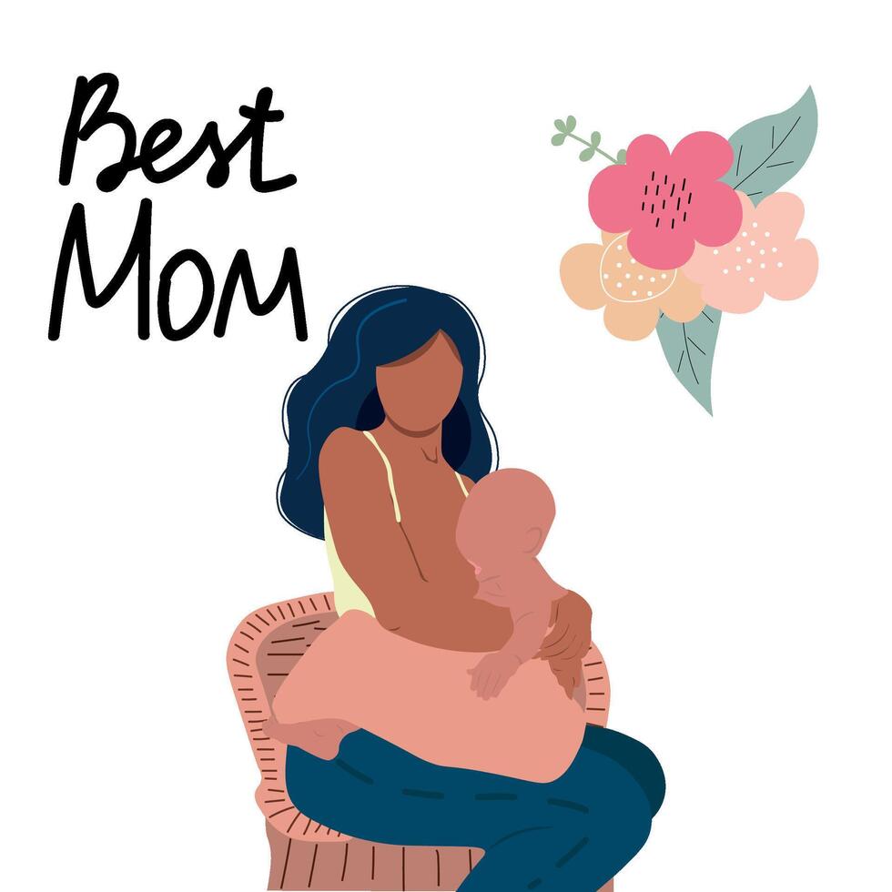 amning illustration, mor matning en bebis med bröst med natur och löv bakgrund. begrepp vektor illustration i platt stil.