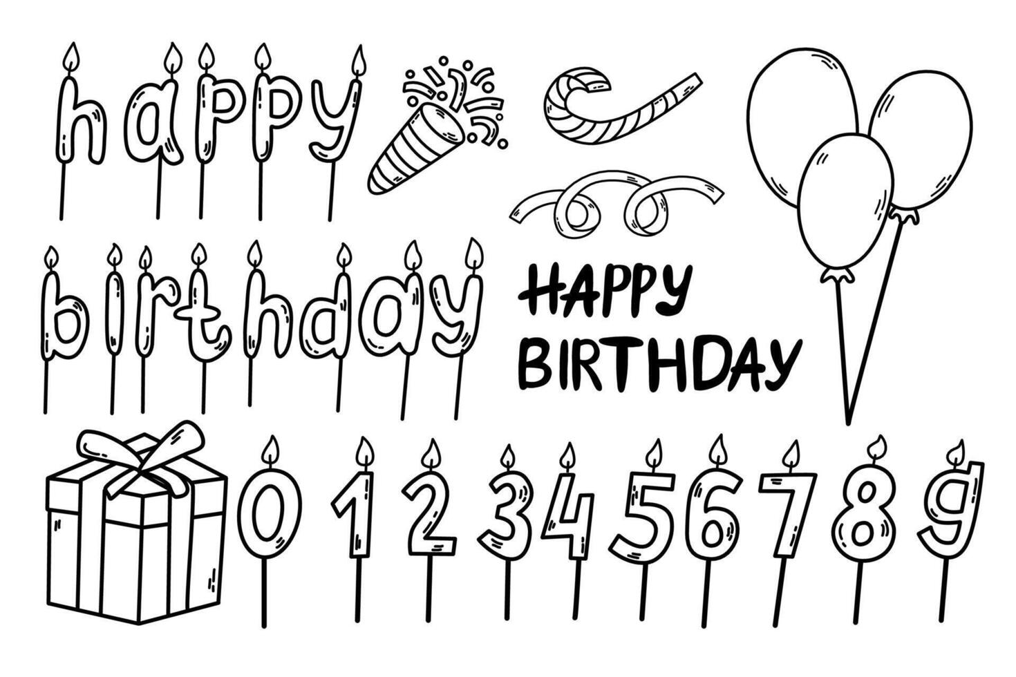 glücklich Geburtstag Gekritzel Satz. Party und Feier Design Ballon, Geschenke, Feuerwerk, Band, Konfetti. skizzieren von Party Dekoration . vektor
