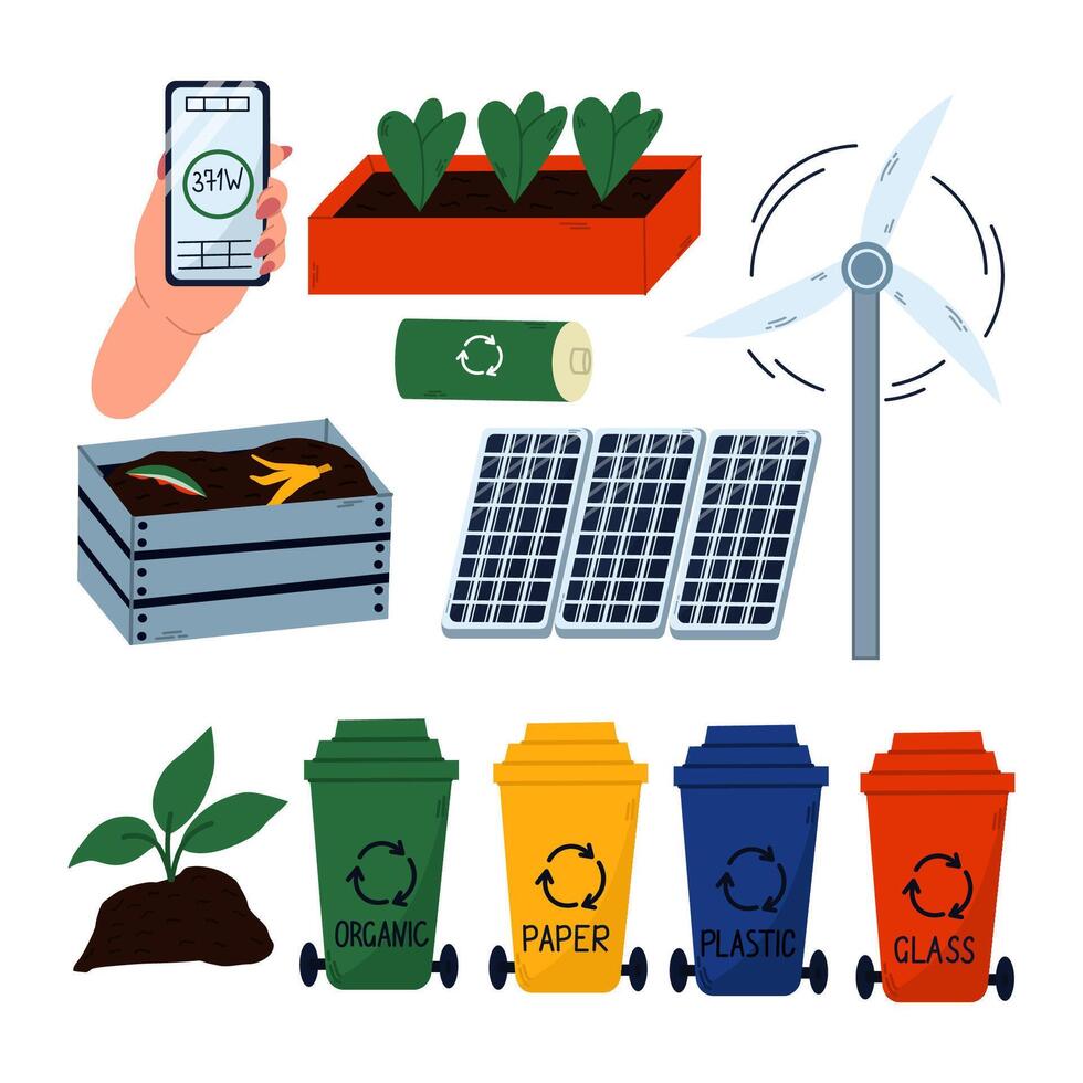 uppsättning av hållbar livsstil. omtänksam för natur, återvinning och minska utsläpp av skadlig ämnen. ekologi - modern platt vektor begrepp illustration på grön positiv tänkande.