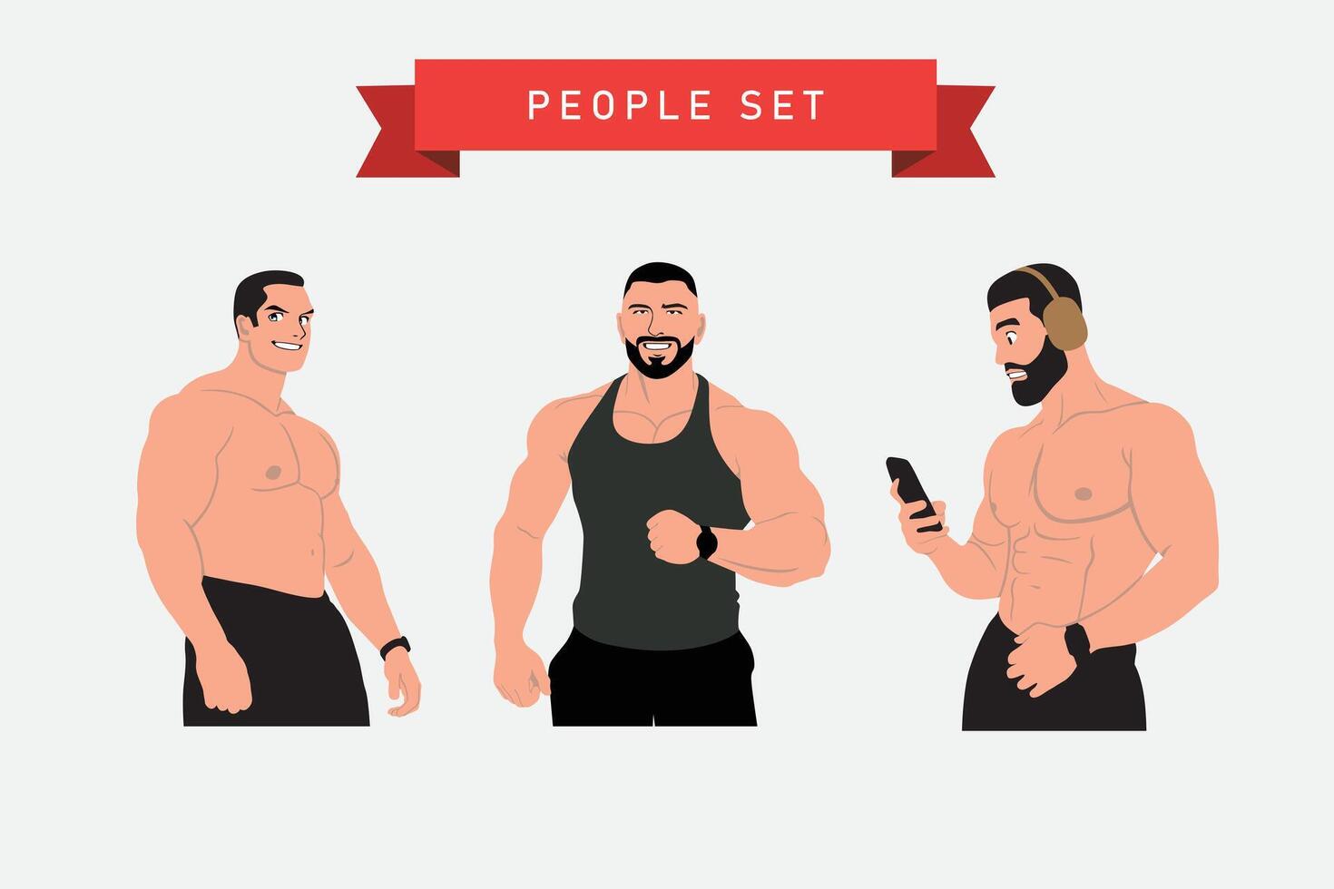 Bodybuilding Konzept. Bodybuilder Mann mit ein Smartphone. Vektor Illustration