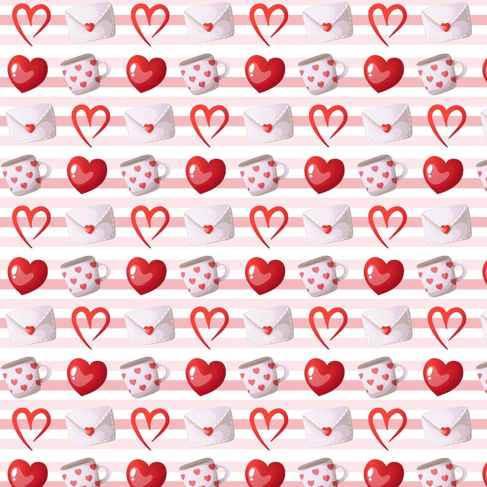 Valentinstag s Tag nahtlos Muster mit bunt Herzen, Liebe Brief und Becher auf Rosa Streifen Farbe Hintergrund Vektor