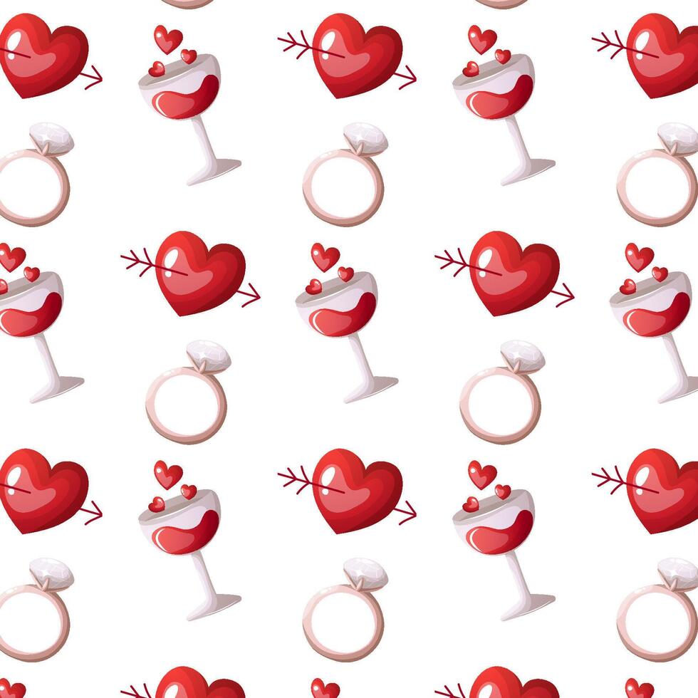 valentine s dag sömlös mönster med röd vin glas, bröllop ringa och skott genom de hjärta på de vit bakgrund vektor