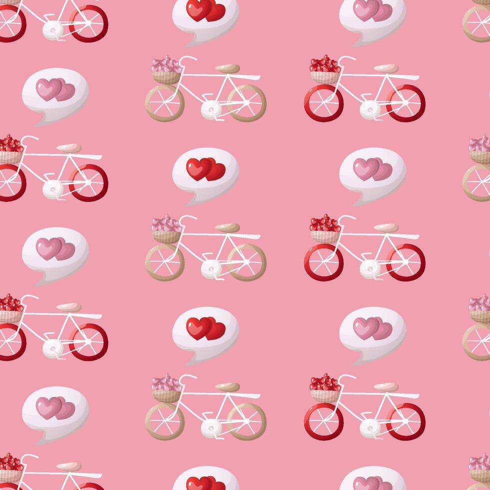 valentine s dag sömlös mönster med årgång cyklar med korg full av hjärtan på rosa bakgrund vektor