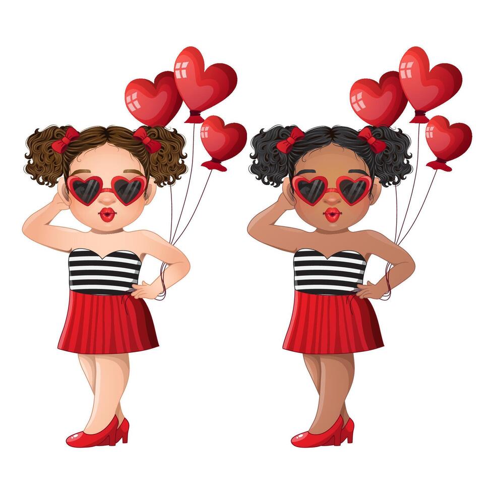 valentine s dag med söt flickor bär hjärta glasögon innehav hjärta ballong tecknad serie karaktär vektor illustration