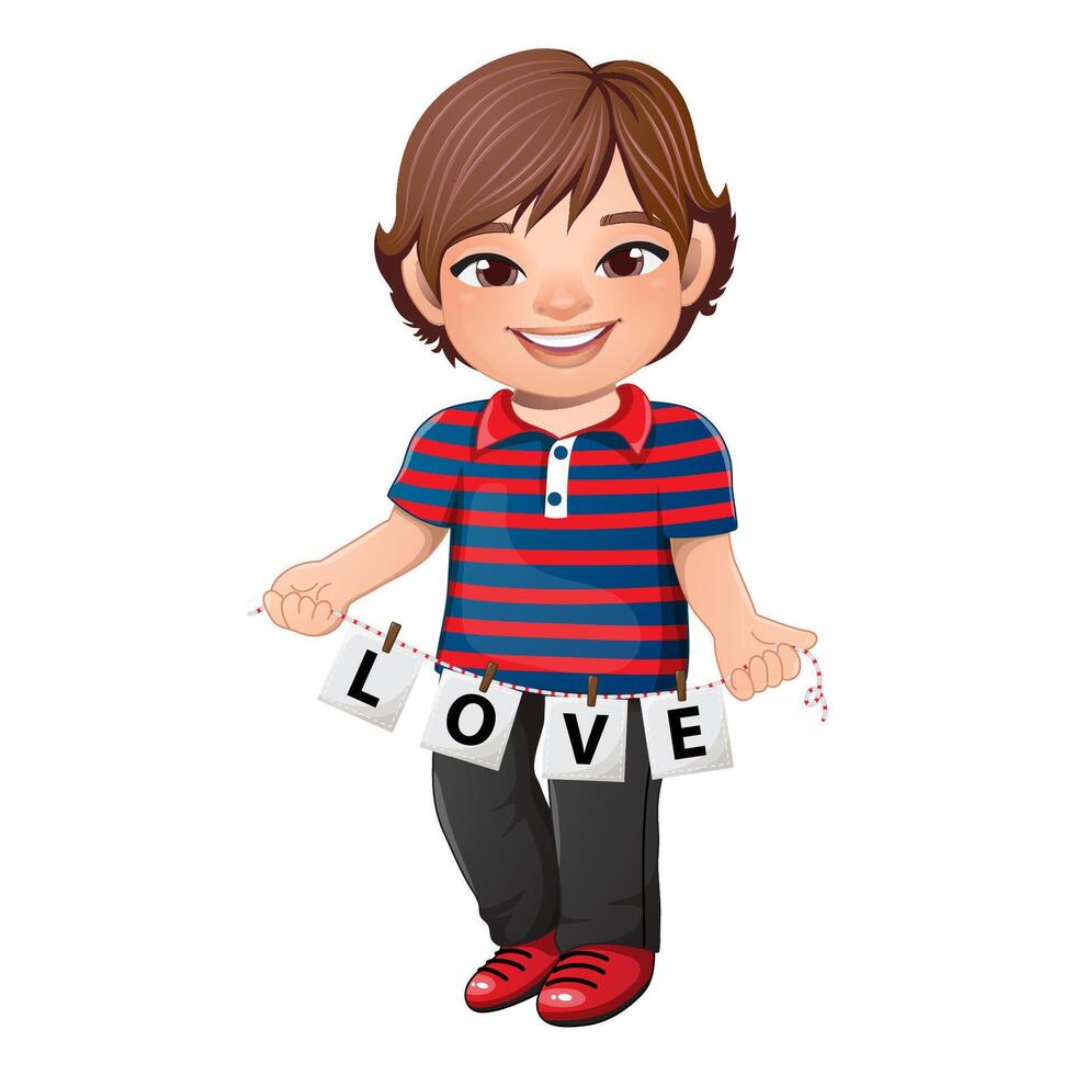 Valentinstag s Tag mit süß Junge halten Briefe von Wort Liebe Karikatur Charakter Vektor Illustration