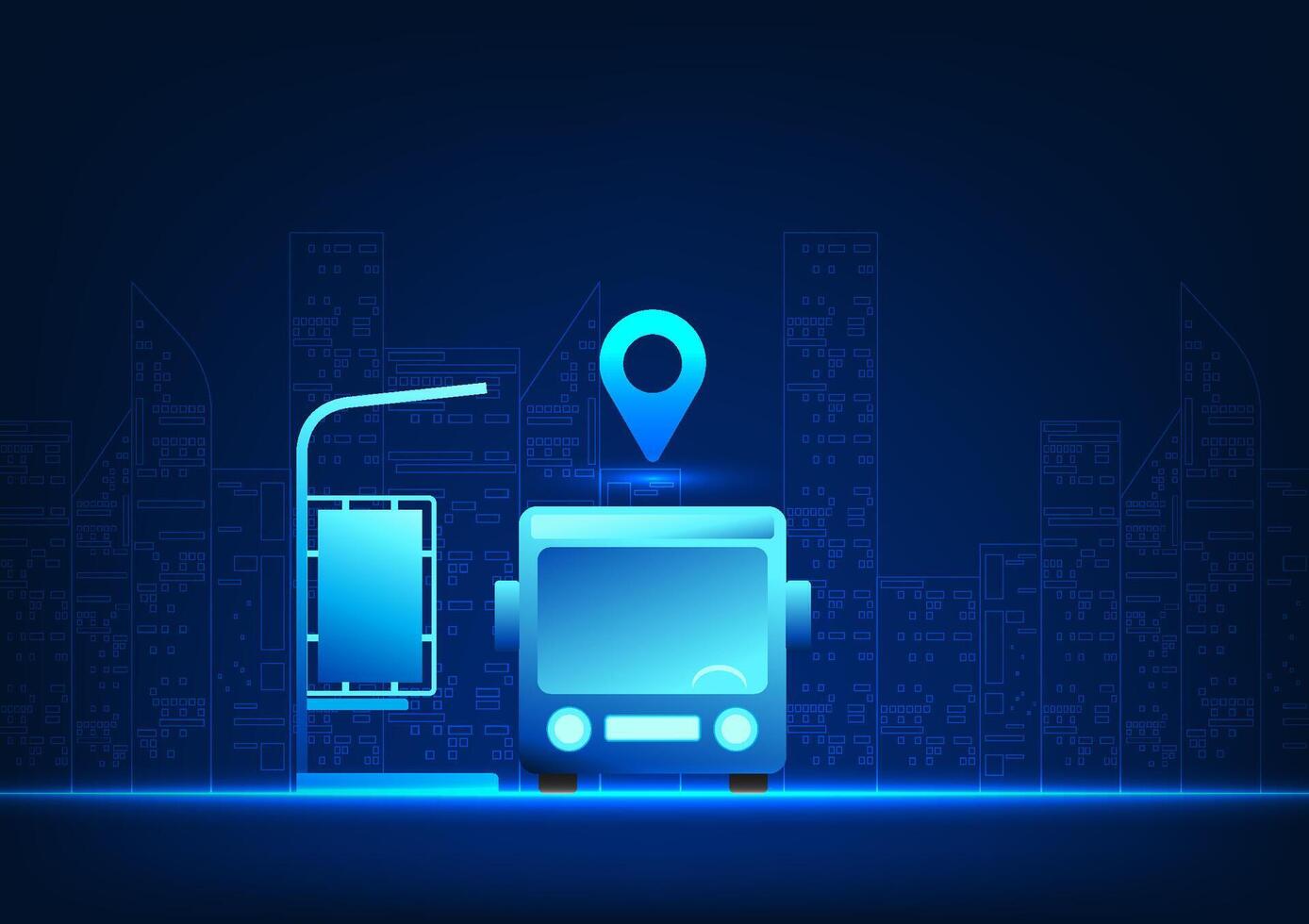 autonom Shuttle Technologie Das identifiziert Reisen mit künstlich Intelligenz zu analysieren der Verkehr Daten. Bus ohne Treiber reduzieren Unfälle und der Verkehr Stau. hinter ist ein Stadt. vektor