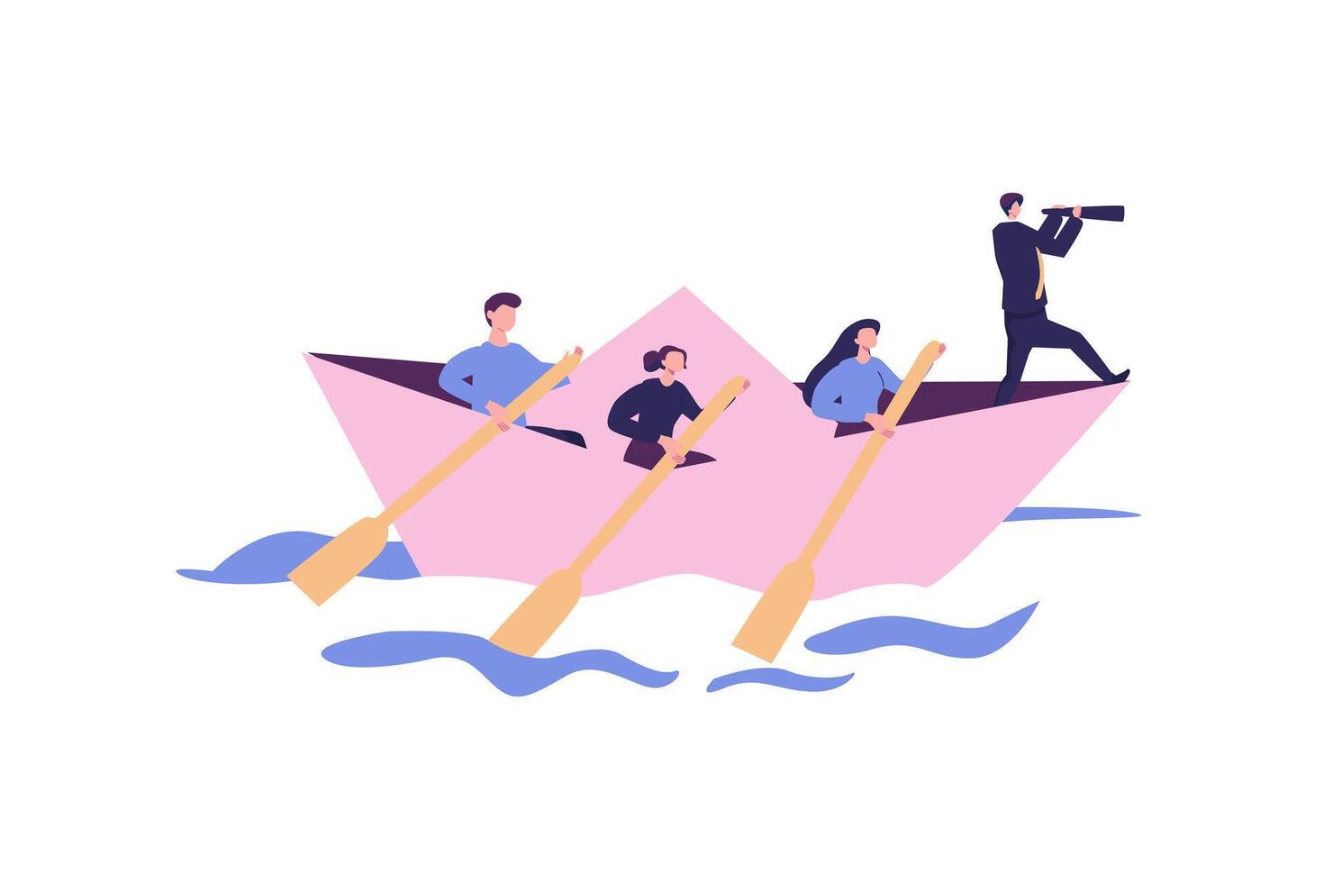 Führung, um das Geschäft in der Krise zu führen, Teamarbeit oder Unterstützung, um das Ziel, die Vision oder die Vorwärtsstrategie für das Erfolgskonzept zu erreichen, Geschäftsmannführer mit Fernglas führen das Geschäftsteam, das Origami-Schiff segelt vektor