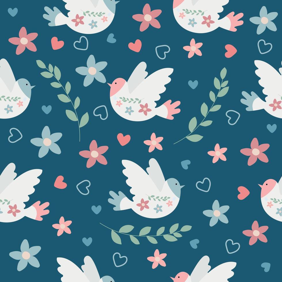 Vektor nahtlos Muster mit Vögel, Blumen, Blätter, im Volk Stil. Tauben von Frieden. zum Textilien, Kleidung, Bett Leinen.