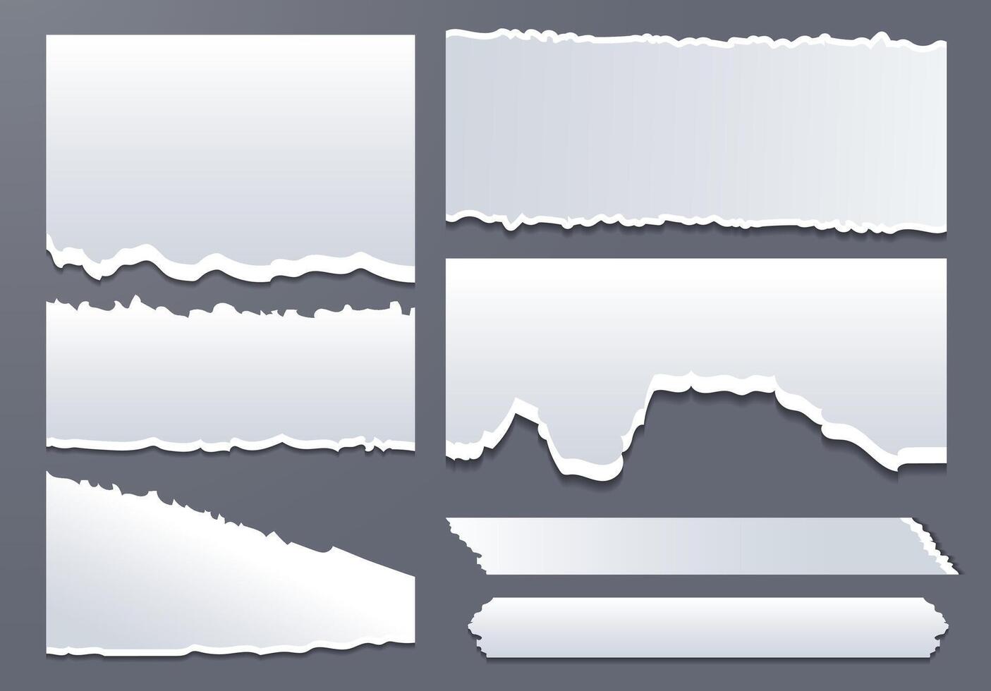 uppsättning av trasig grå papper med en vit kant isolerat på en grå bakgrund. vektor illustration av små skrot av trasig papper av annorlunda storlekar och former