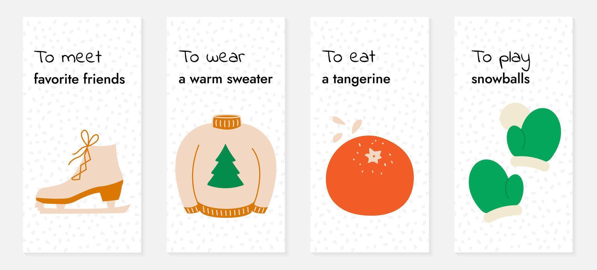 Sozial Medien Banner auf das Thema von Weihnachten, Neu Jahr. Urlaub machen Liste. Winter Spaß. Treffen freunde auf Rollschuhe. tragen ein warm Pullover. Essen ein Mandarine. abspielen Schneebälle. Checkliste. Vektor Illustration