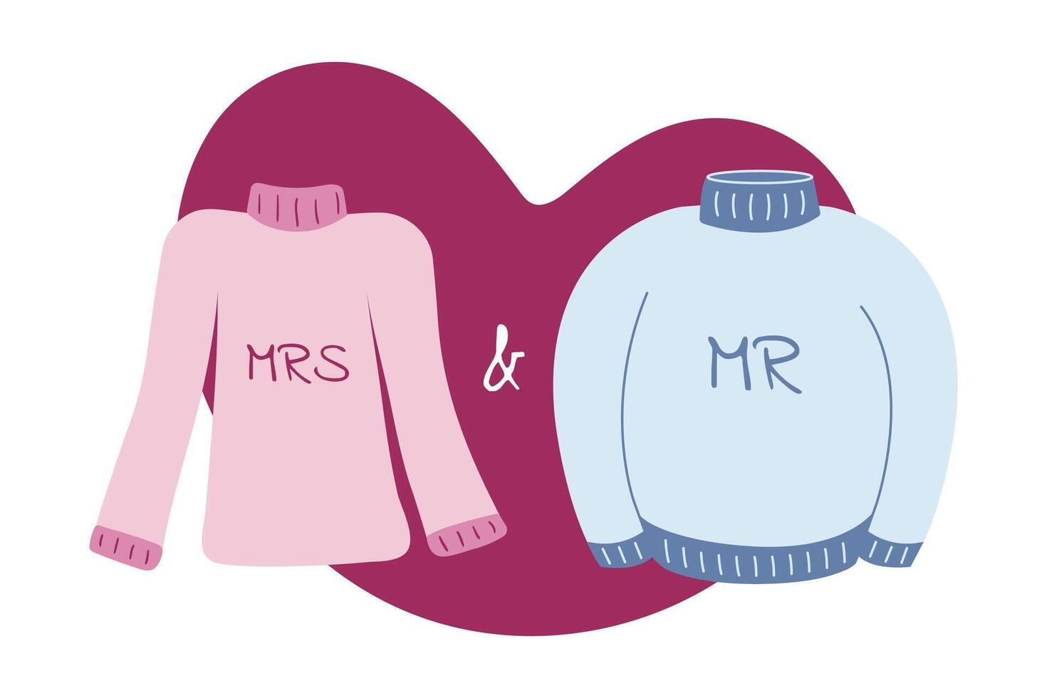 Illustration von Herr. und Frau. Geschlecht gepaart Pullover zum Valentinstag Tag, Februar 14. Liebe, Herz Form. Rosa und Blau Pullover. Vektor Illustration.