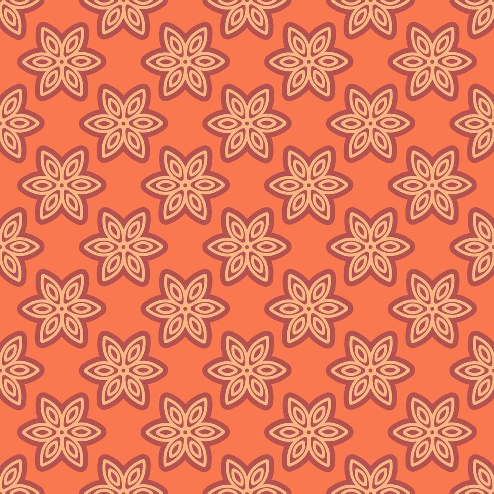 nahtlos Muster von ein geometrisch Blume mit ein Schlaganfall auf ein Orange Hintergrund. Kontur sechsblättrig Blume. symmetrisch Muster. Vektor Illustration.