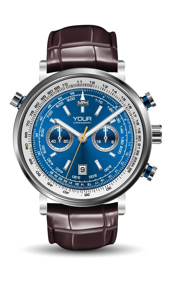 realistisch Uhr Uhr Chronograph Silber Blau Gesicht Instrumententafel braun Leder Gurt Weiß schwarz Nummer Gelb Pfeil auf isoliert Design klassisch Luxus Vektor