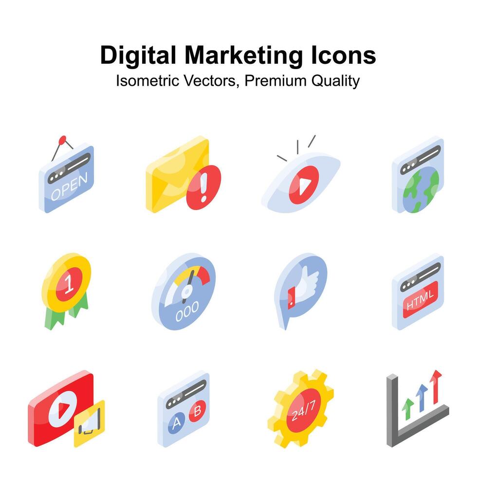 nehmen ein aussehen beim diese schön und tolle Digital Marketing isometrisch Symbole, editierbar Vektoren