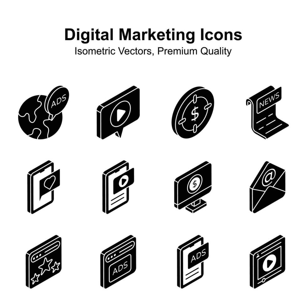 kreativ gefertigt Digital Marketing isometrisch Vektoren Satz, bereit zu verwenden im Websites und Handy, Mobiltelefon Apps