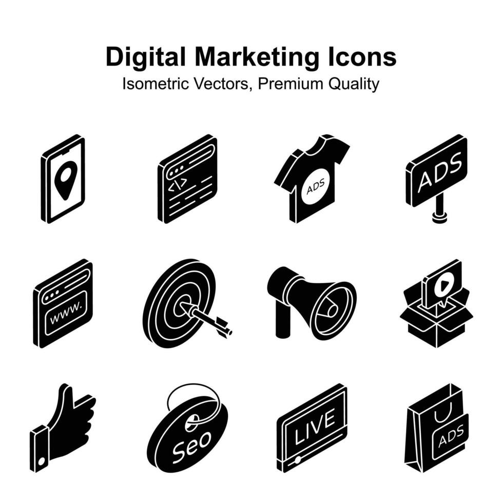 digital marknadsföring isometrisk ikoner uppsättning isolerat på vit bakgrund vektor