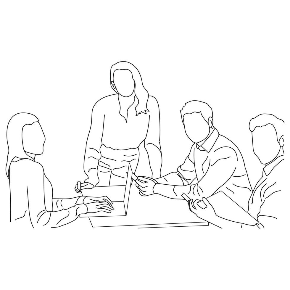 Geschäft Treffen Diskussion zwischen Arbeitskräfte im das Büro Hand gezeichnet Vektor Illustration Linie Kunst Design.