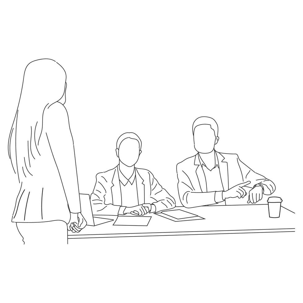 Geschäft Treffen Diskussion zwischen Arbeitskräfte im das Büro Hand gezeichnet Vektor Illustration Linie Kunst Design.