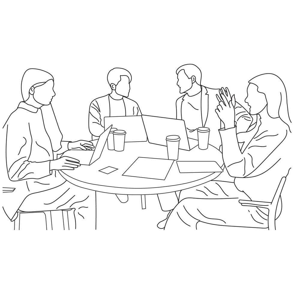 Geschäft Treffen Diskussion zwischen Arbeitskräfte im das Büro Hand gezeichnet Vektor Illustration Linie Kunst Design.