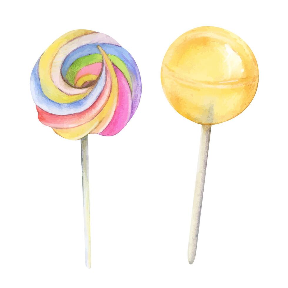 Süßigkeiten lollypop Stock Aquarell Zeichnung Satz. Süss Trottel Zucker Pops behandeln. Konfekt fallen Bonbon Tee. Zucker lecker Dessert Dekoration isoliert auf Weiß Hintergrund vektor