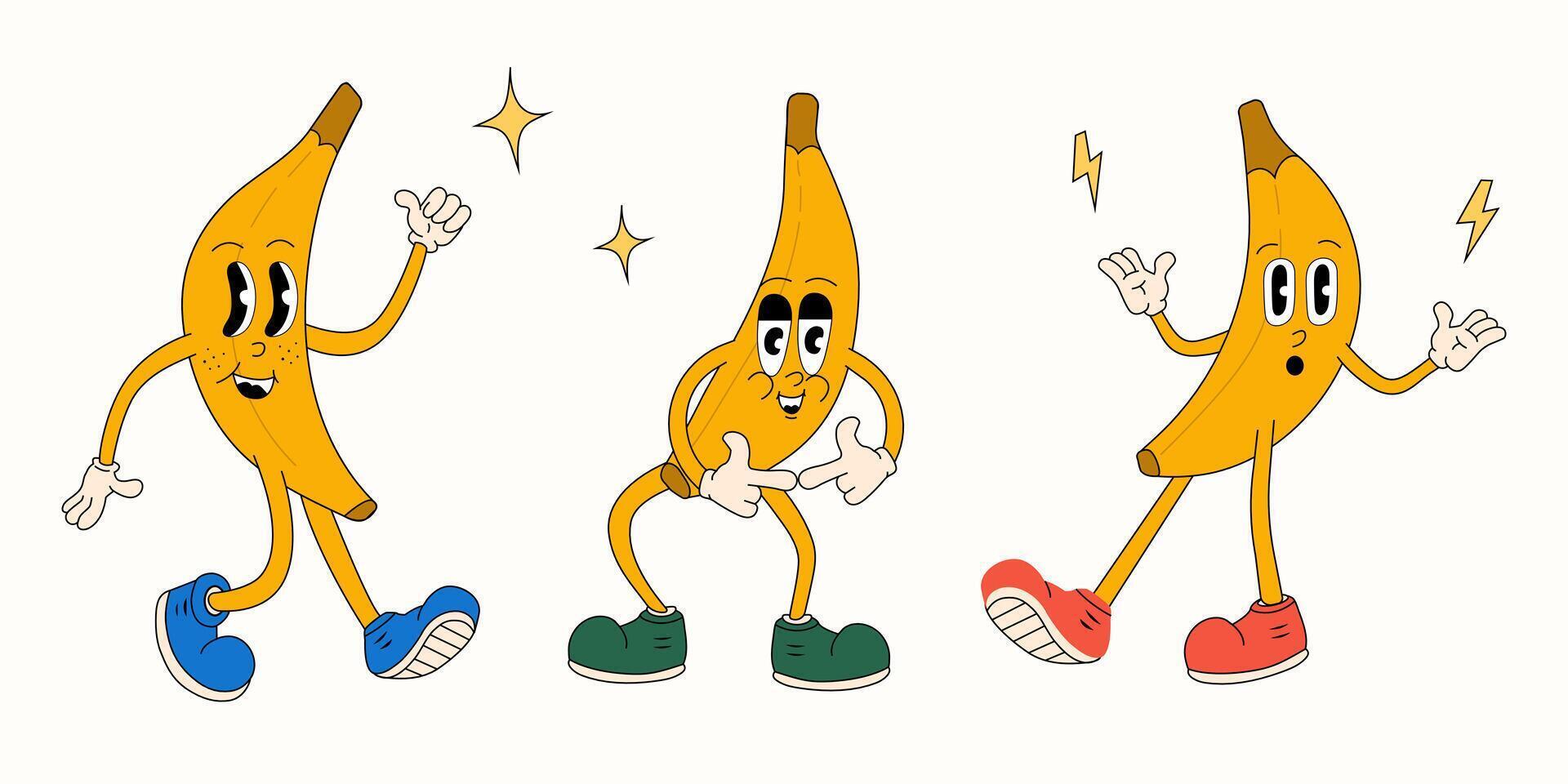 groovig retro Banane Karikatur Charakter Satz. Vektor Jahrgang Illustration.