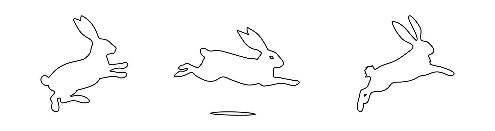 uppsättning av Hoppar kaniner i översikt. påsk kaniner. isolerat på vit bakgrund. en enkel svart ikoner av harar. söt djur. idealisk för logotyp, emblem, piktogram, skriva ut, design element för hälsning kort. vektor