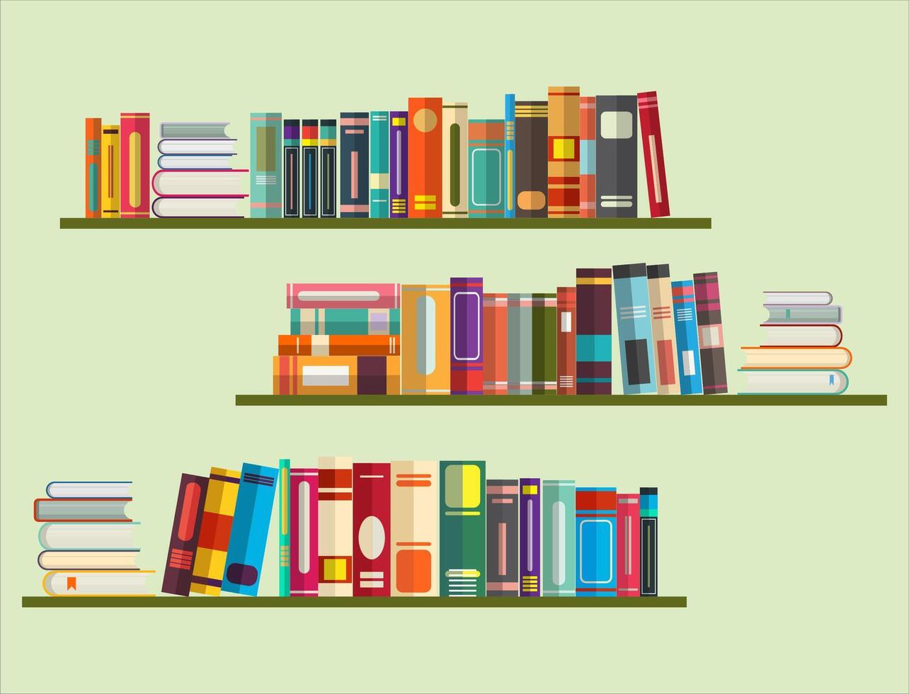 Bücher auf Bücherregale im eben Design Stil Vektor Illustration