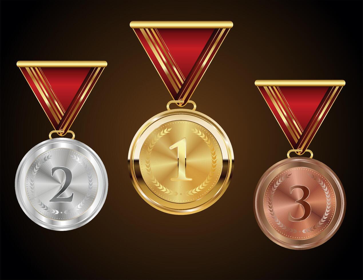 gyllene silver- och brons tom medaljer hängande på röd band vektor illustration